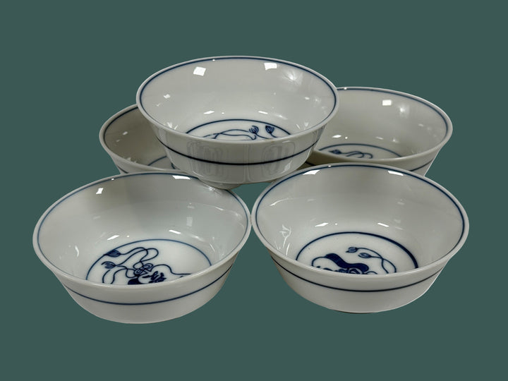 Set of 5 Japanese Blue & White Porcelain Rice Bowls