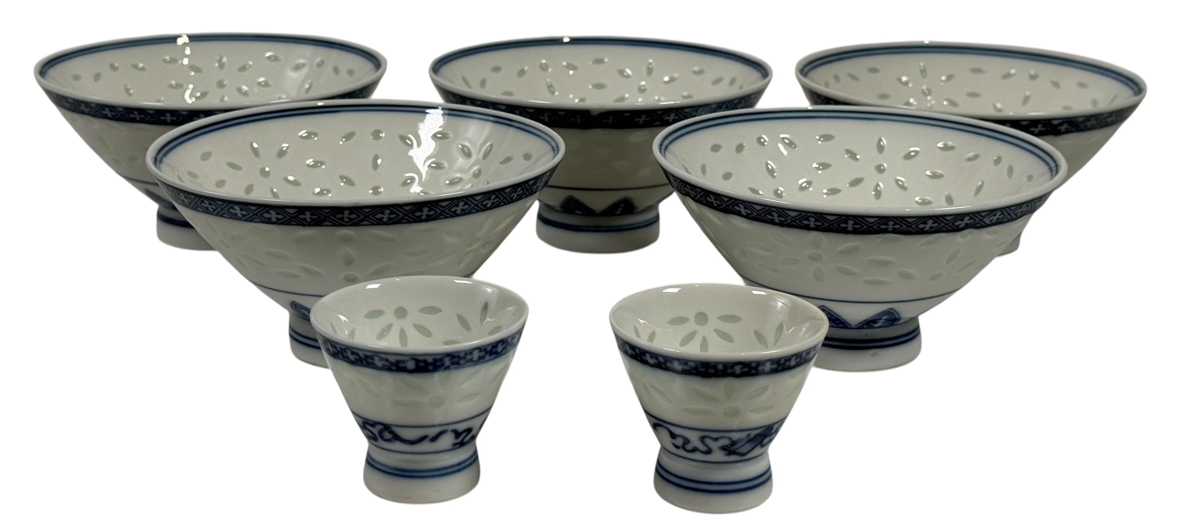 Ensemble de tasses à riz et à saké en porcelaine japonaise – Motif pétales bleus réticulés (7 pièces)