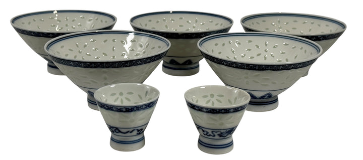 Japanese Porcelain Rice & Sake Cups Set – Reticulated Blue Petal Design (7-Piece)