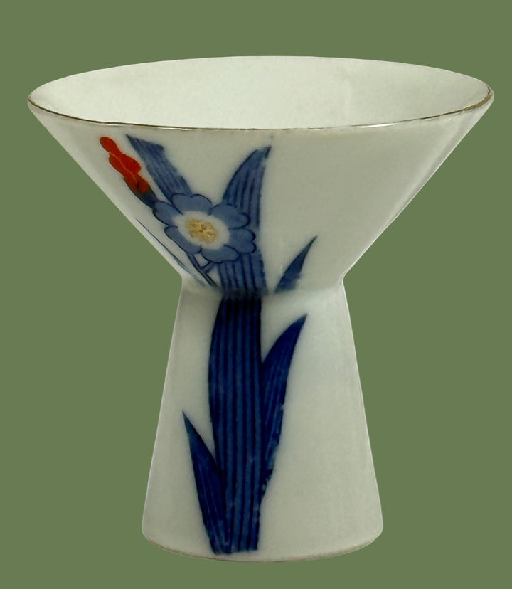 Vintage Japanese Porcelain Sake Cups – Hand-Painted Iris Motif – Pair – Marked