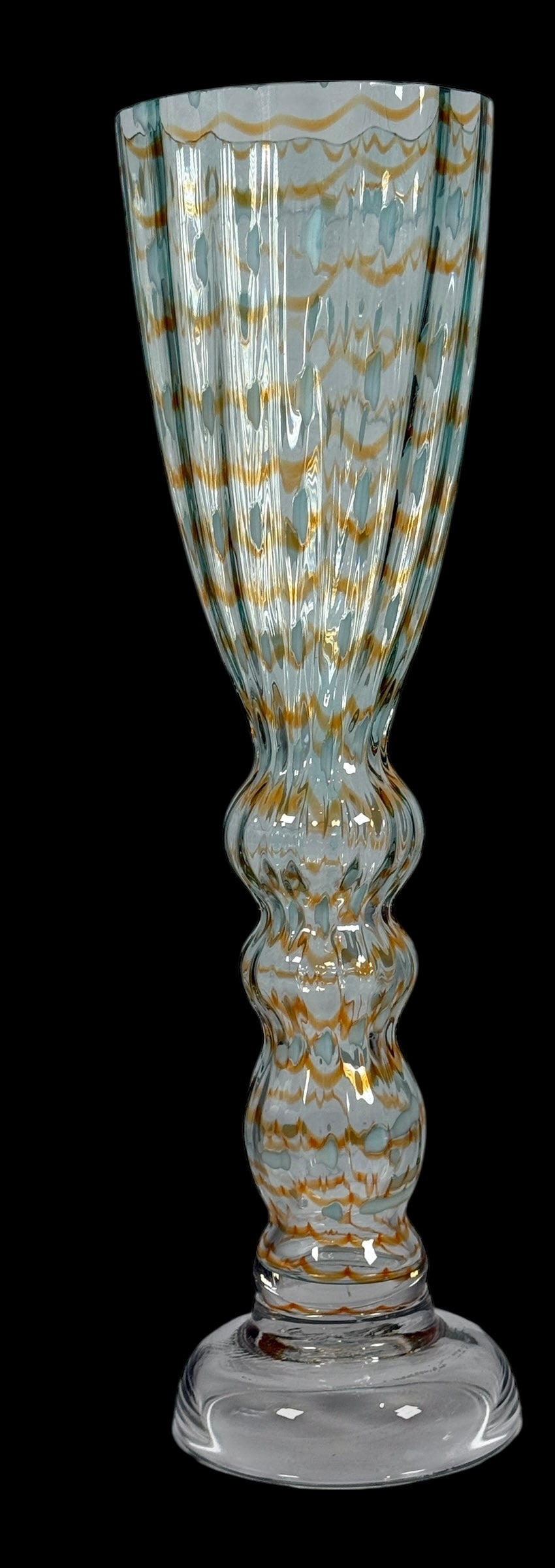 Large 15.5” Murano-Style Art Glass Vase – Gold & Enamel Optic Ribbed – Handblown Studio Glass