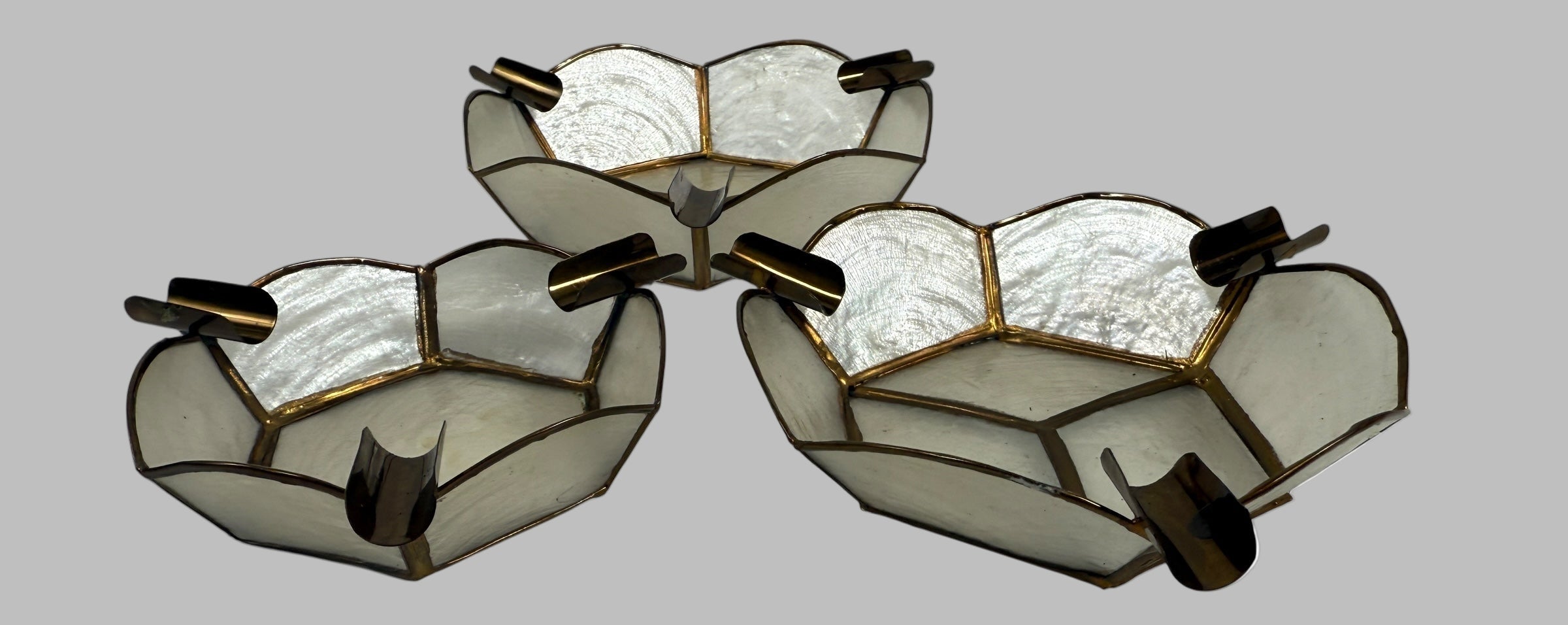 Vintage Capiz Shell & Brass Ashtrays – Set of 3 – Mid-Century Modern