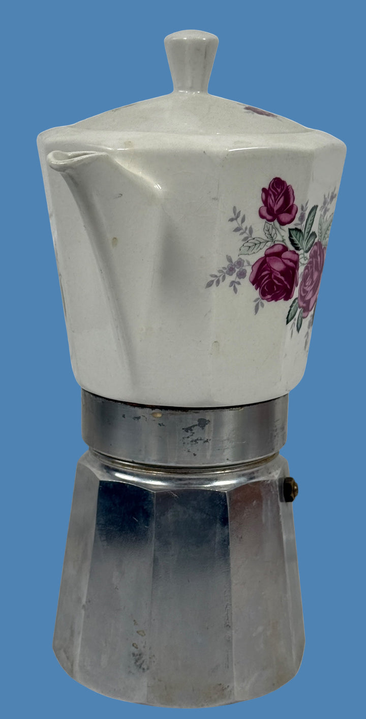 Cafetière italienne vintage avec couvercle en porcelaine et motif rose violette