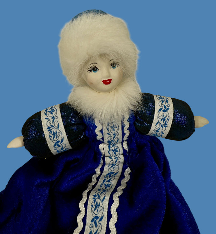 Vintage Russian Porcelain Doll – Blue Velvet Dress & Fur Hat