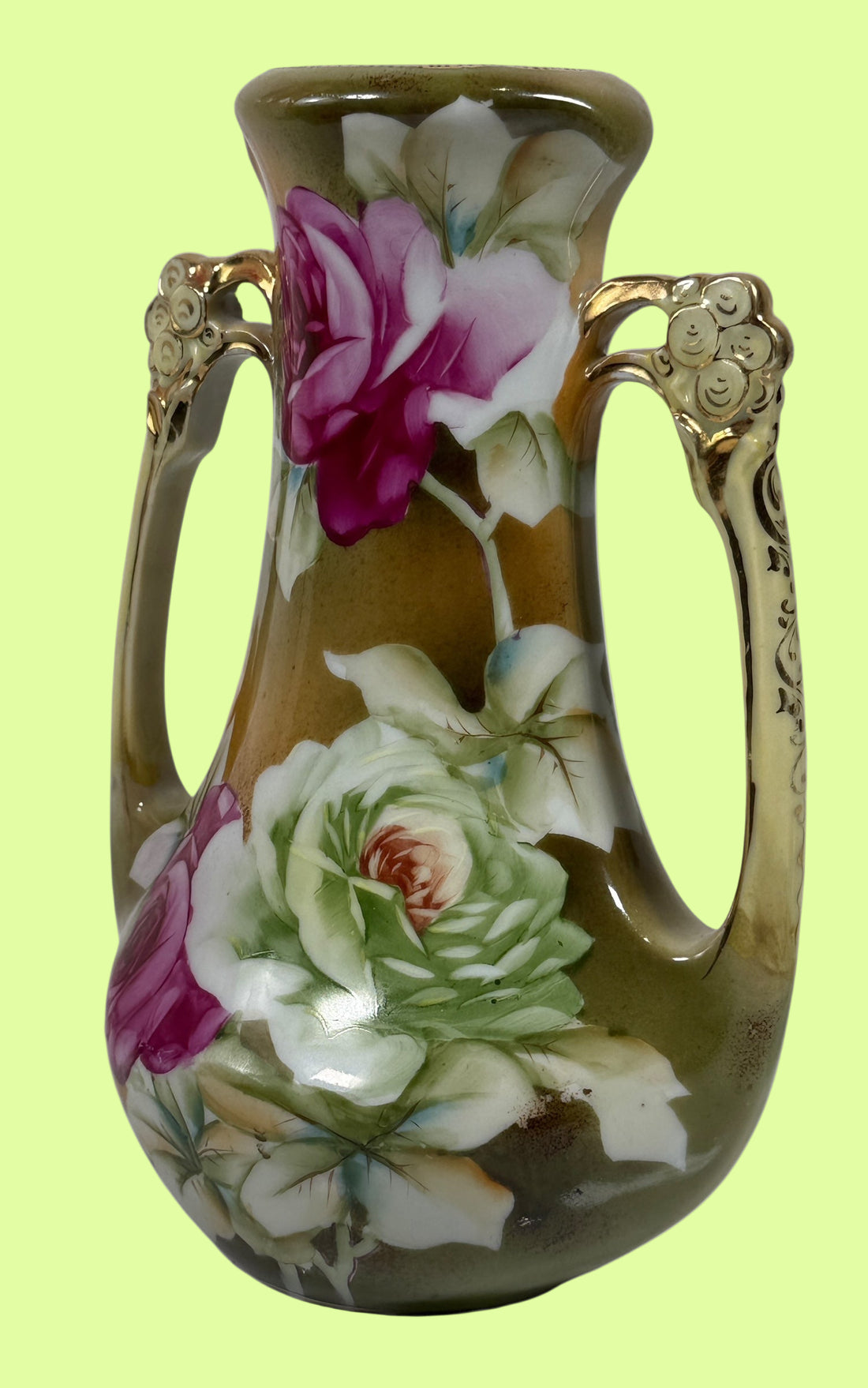 Vase antique japonais peint à la main de 20 cm, motif feuille d'érable, roses dorées