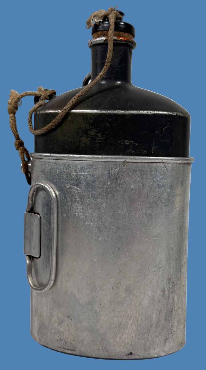 Vintage Swiss Army Canteen Set – Aluminum Cup (1969) + Black Steel Bottle (1944) – Military Surplus