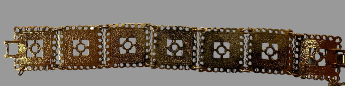 Vintage Gold-Tone Bracelet – Shell Inlay, Ornate Panels, 1960s
