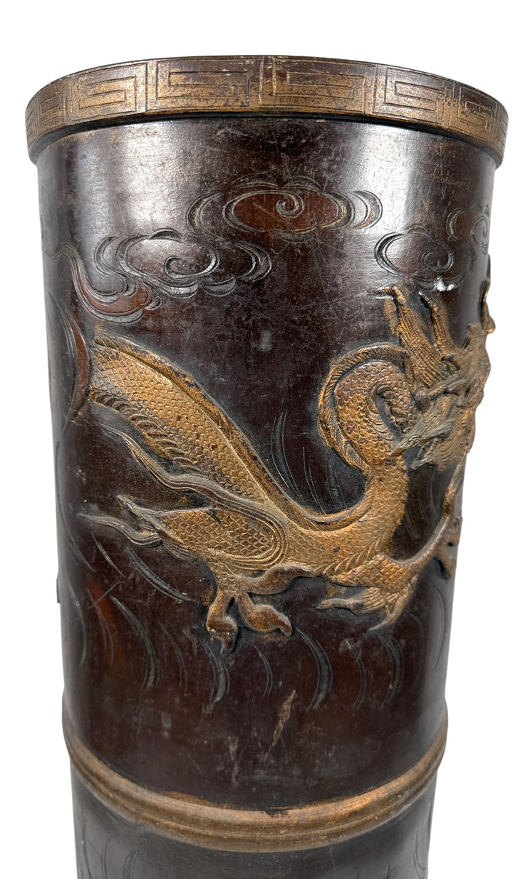 Mid-Century Chinese Bronze Dragon Umbrella Stand – Gilt Relief