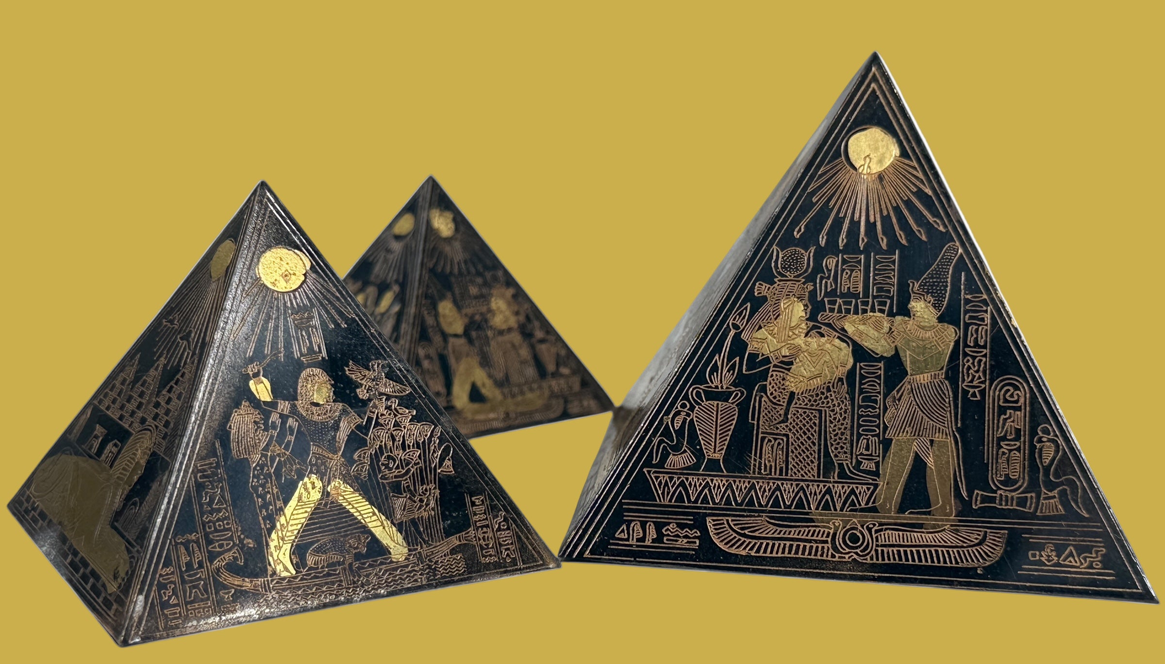 Set of 3 Etched Egyptian Pyramids Ornament Metal Desk decor Vintage