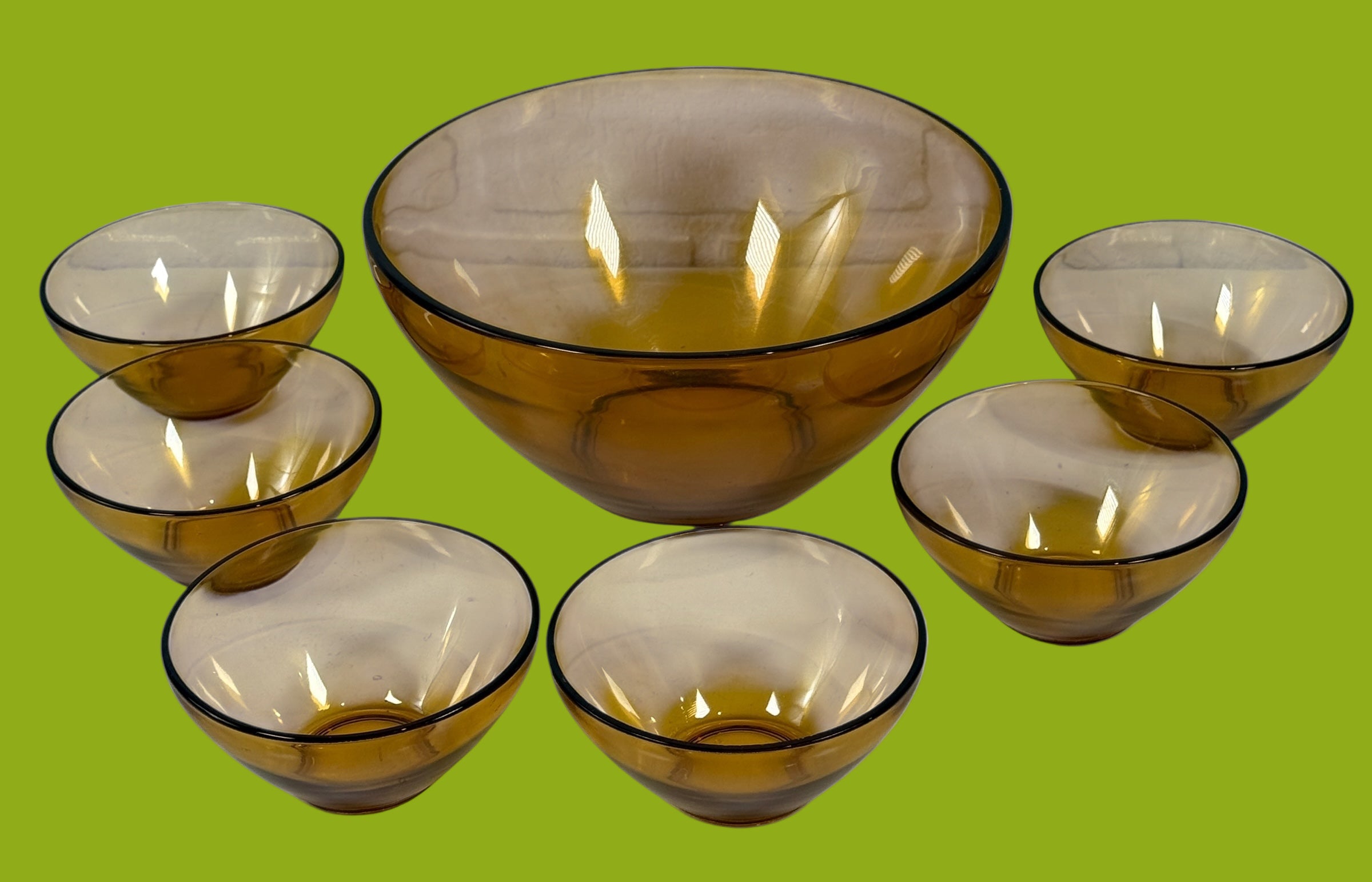 Vintage Vereco France Amber Glass Salad/Dessert Set – 1 Large + 6 Small Bowls, MCM