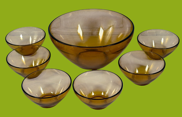 Service à salade/dessert en verre ambré vintage Vereco France – 1 grand bol + 6 petits bols, MCM