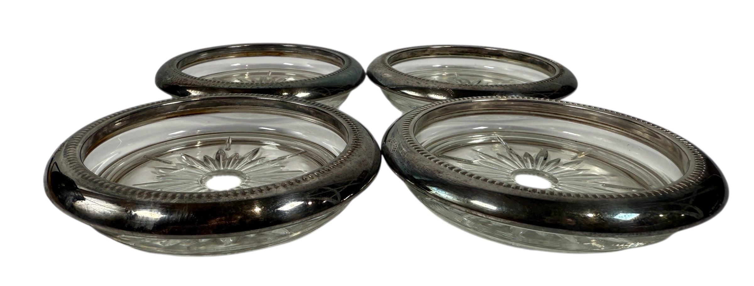 4 Vintage Leonard Old Crystal Glass Drink Coasters Made In Italy Silver Plated