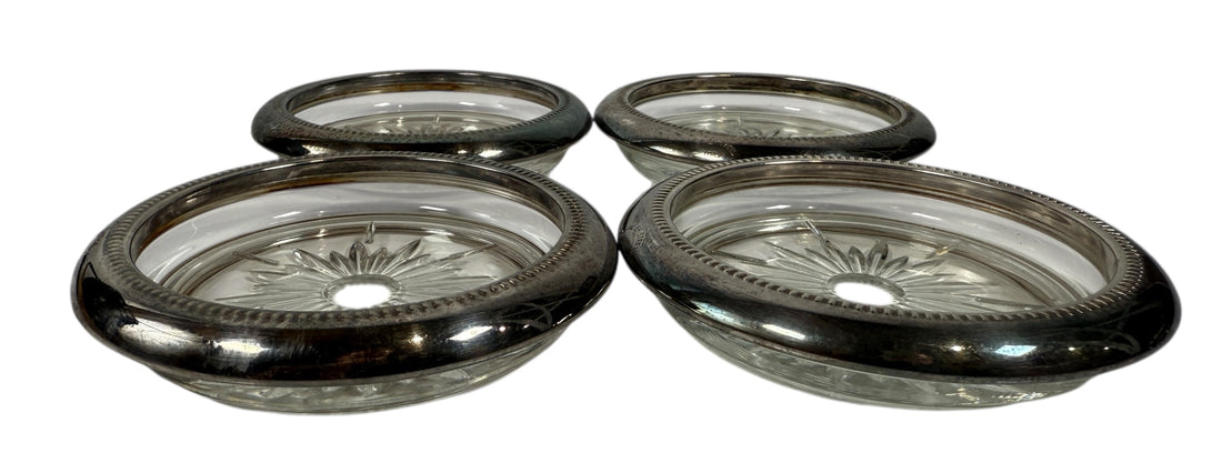 4 Vintage Leonard Old Crystal Glass Drink Coasters Made In Italy Silver Plated