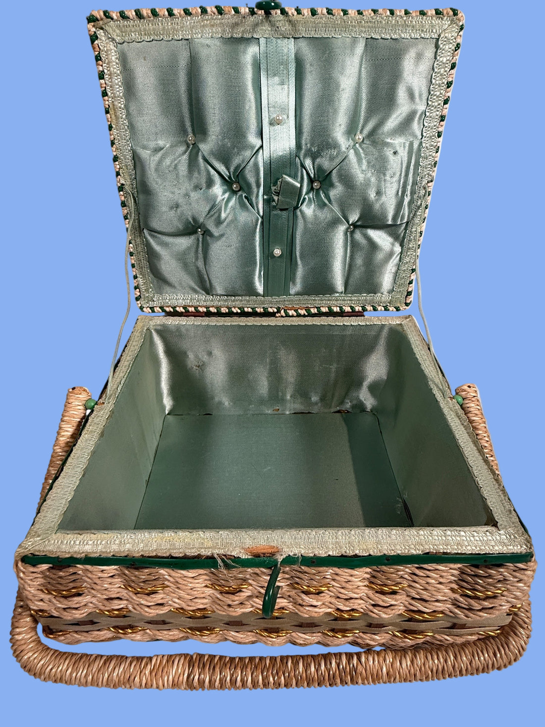 Vintage Mid-Century Woven Sewing Basket – Green Satin Lined Lid with Tufted Buttons