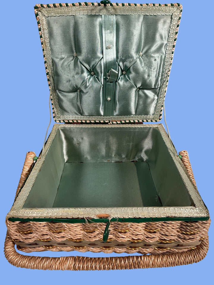 Vintage Mid-Century Woven Sewing Basket – Green Satin Lined Lid with Tufted Buttons