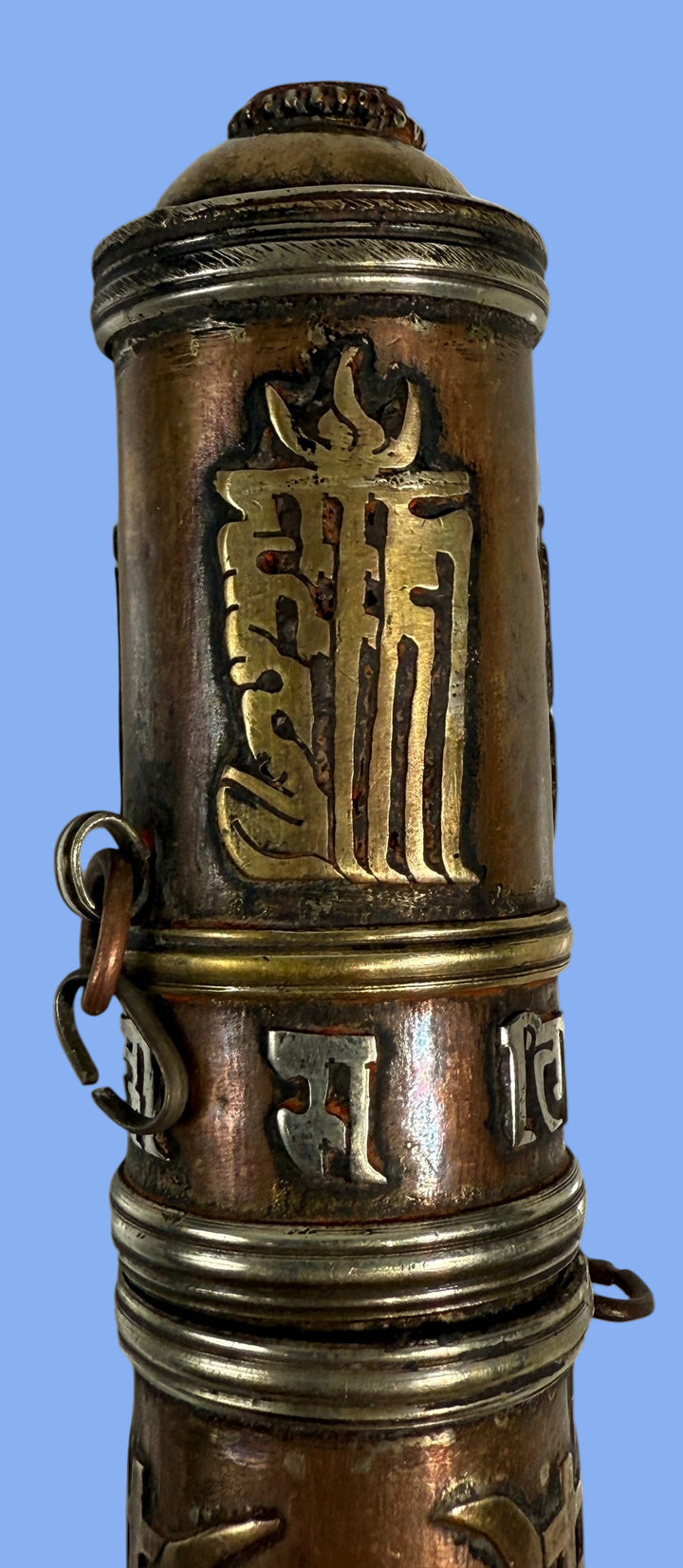 Vintage Tibetan Buddhist Prayer Scroll Holder – Copper/Brass with Silver Script – Missing Stone