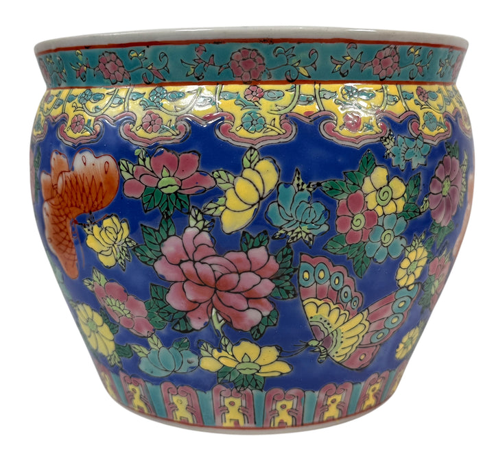 Vintage Chinese Porcelain Fishbowl Planter – Hand-Painted Koi & Floral Famille Rose Style