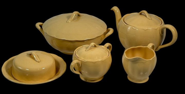 Vintage Grindley England “Laburnum Petal” Yellow Ceramic Set – Teapot, Creamer, Sugar, Covered Vegetable Bowl & Butter Dish