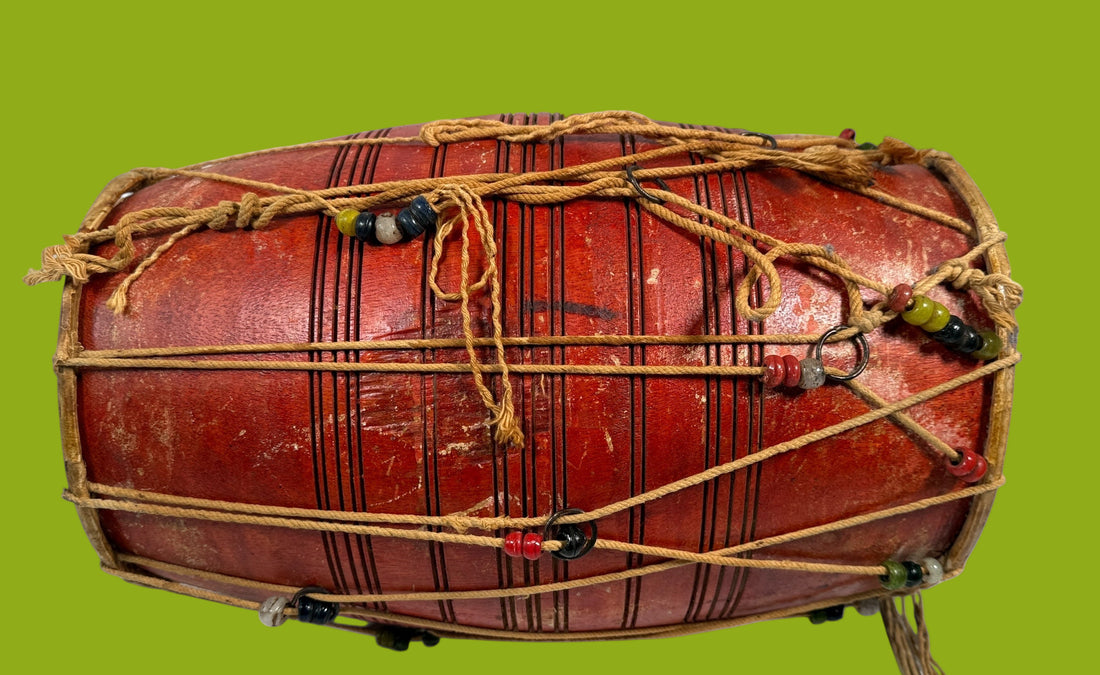 Vintage Handmade Indian Dholak Barrel Drum – Red Lacquer Finish, Rope-Tuned