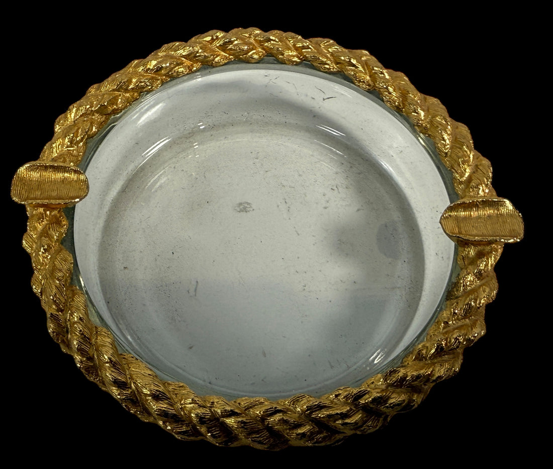 Vintage Nautical Glass & Metal Brass Ashtray Rope Design