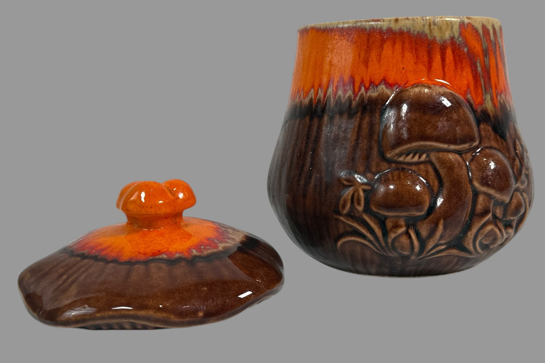 Vintage 1970s Mushroom Canister – 8½” Ceramic Jar – Retro Orange & Brown Drip Glaze