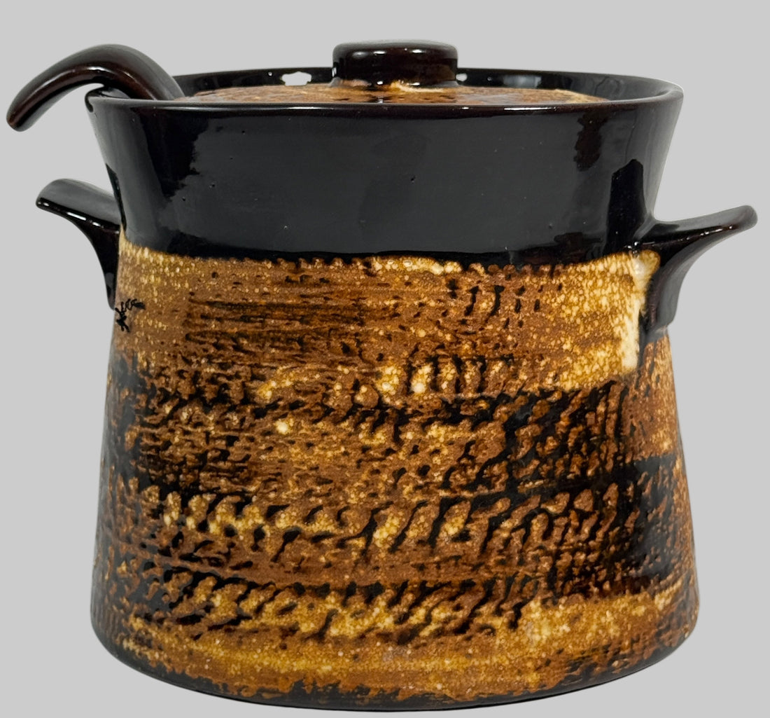 Artisan Pottery Bean Pot with Lid – Canadian Stoneware, Brown Drip Glaze, Marked 8630