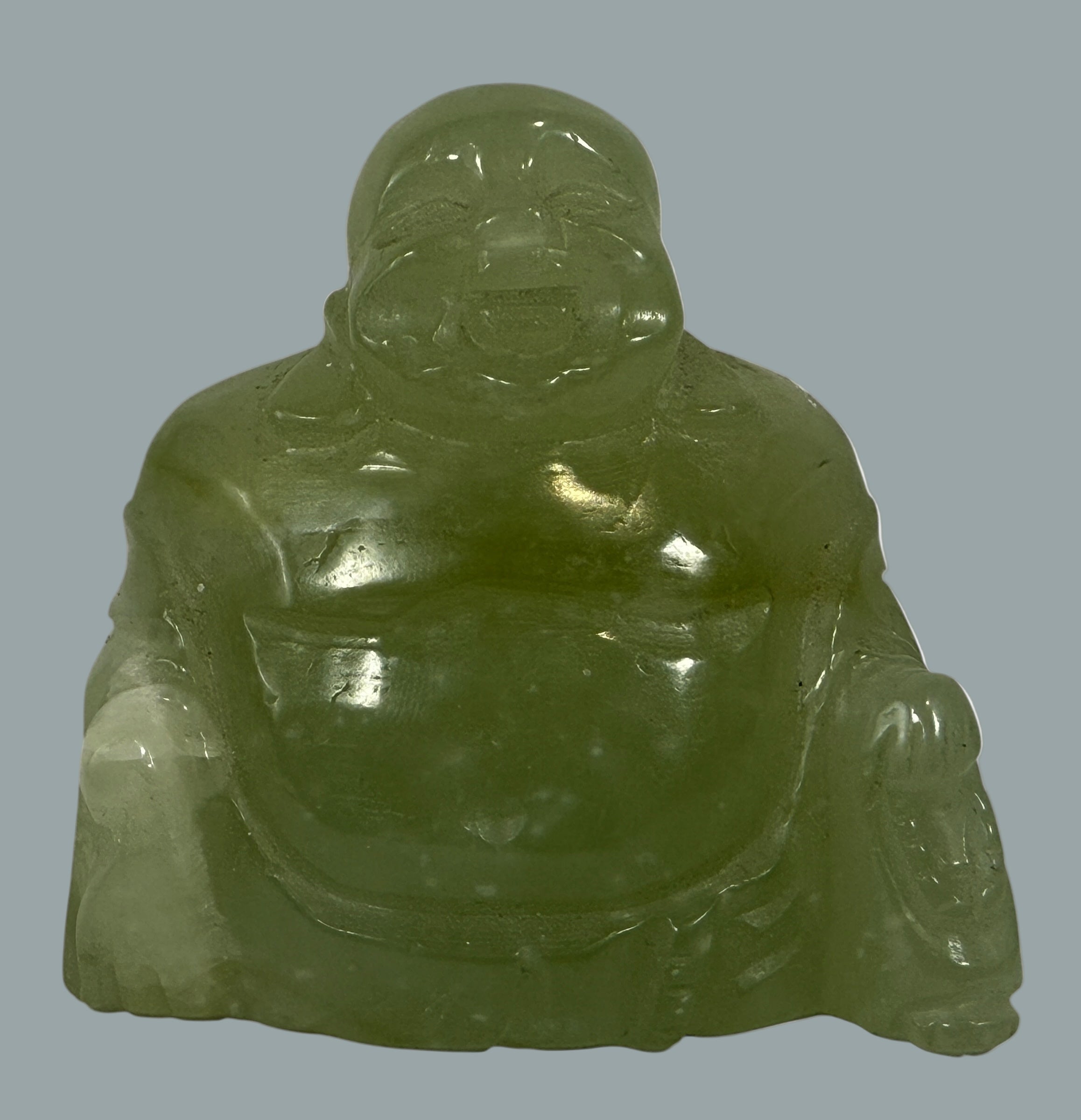 Figurine de Bouddha rieur vintage en pierre verte sculptée – Minéral froid au toucher – Probablement de la néphrite ou de la stéatite