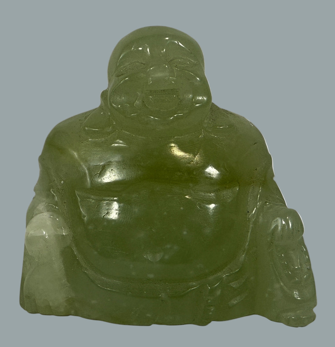 Figurine de Bouddha rieur vintage en pierre verte sculptée – Minéral froid au toucher – Probablement de la néphrite ou de la stéatite