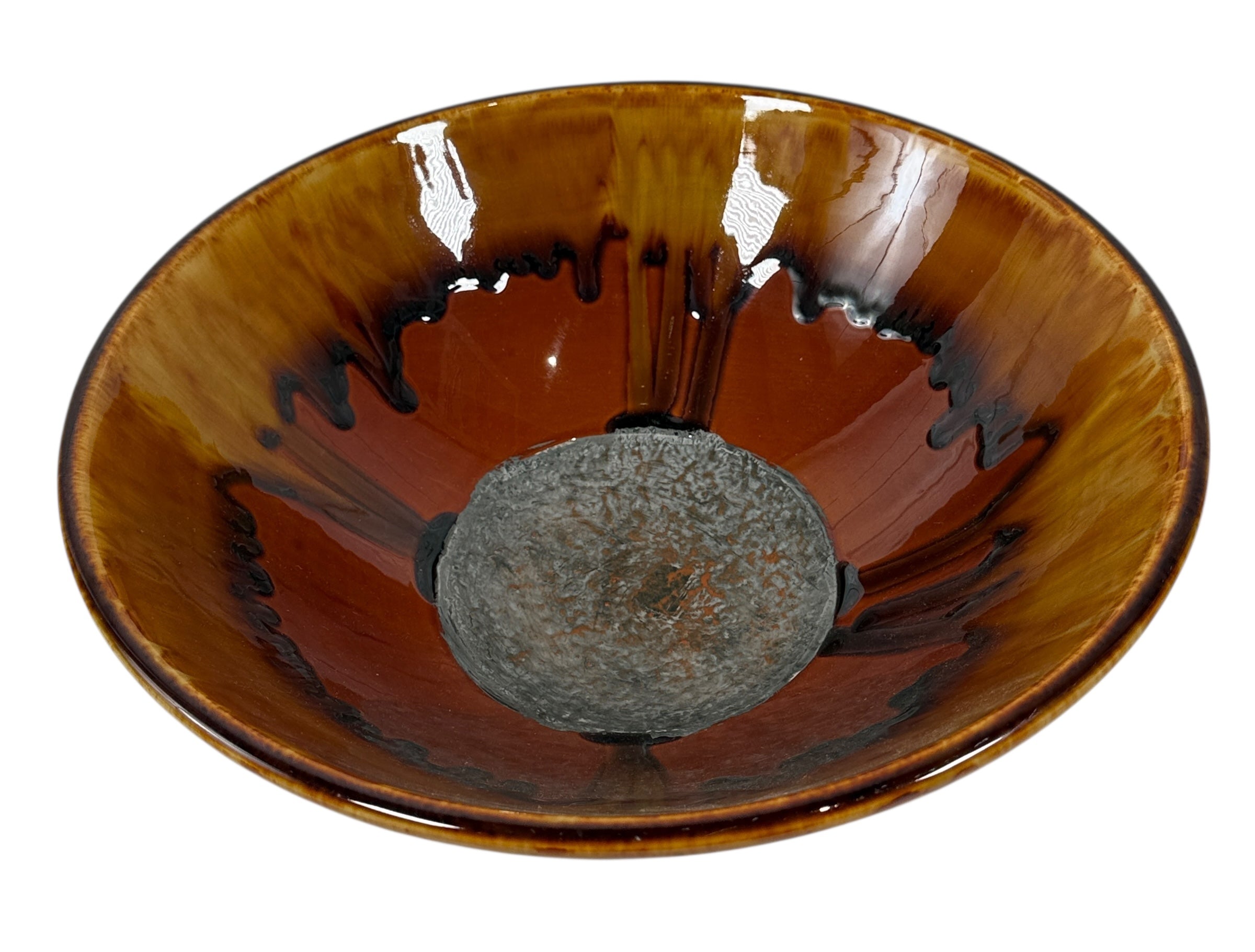 Large 12” Drip-Glaze Pottery Bowl – Amber & Espresso Mid-Century Style