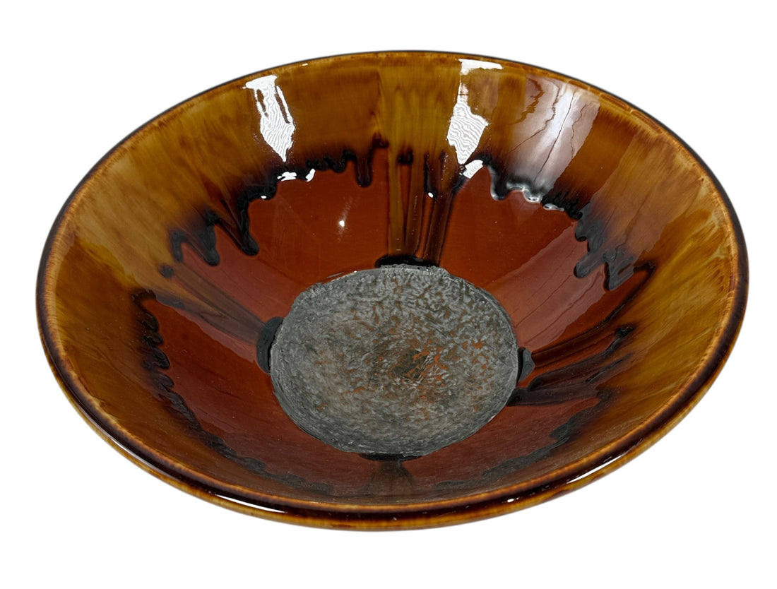 Large 12” Drip-Glaze Pottery Bowl – Amber & Espresso Mid-Century Style