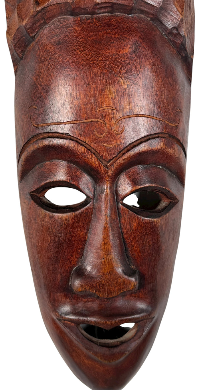 Vintage Hand-Carved 31” Wooden Tribal Mask – Serpent & Leaf Motif – African-Style Wall Art