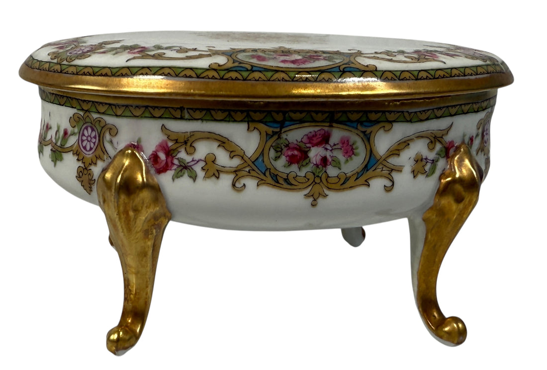 Antique French Style Porcelain Trinket Box with Gilt Bronze Legs