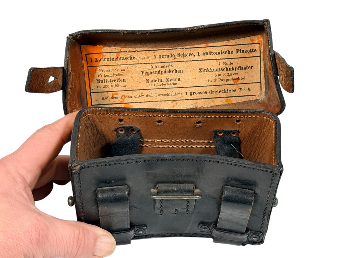 WWII German Leather Medical Pouch with Printed Contents Label