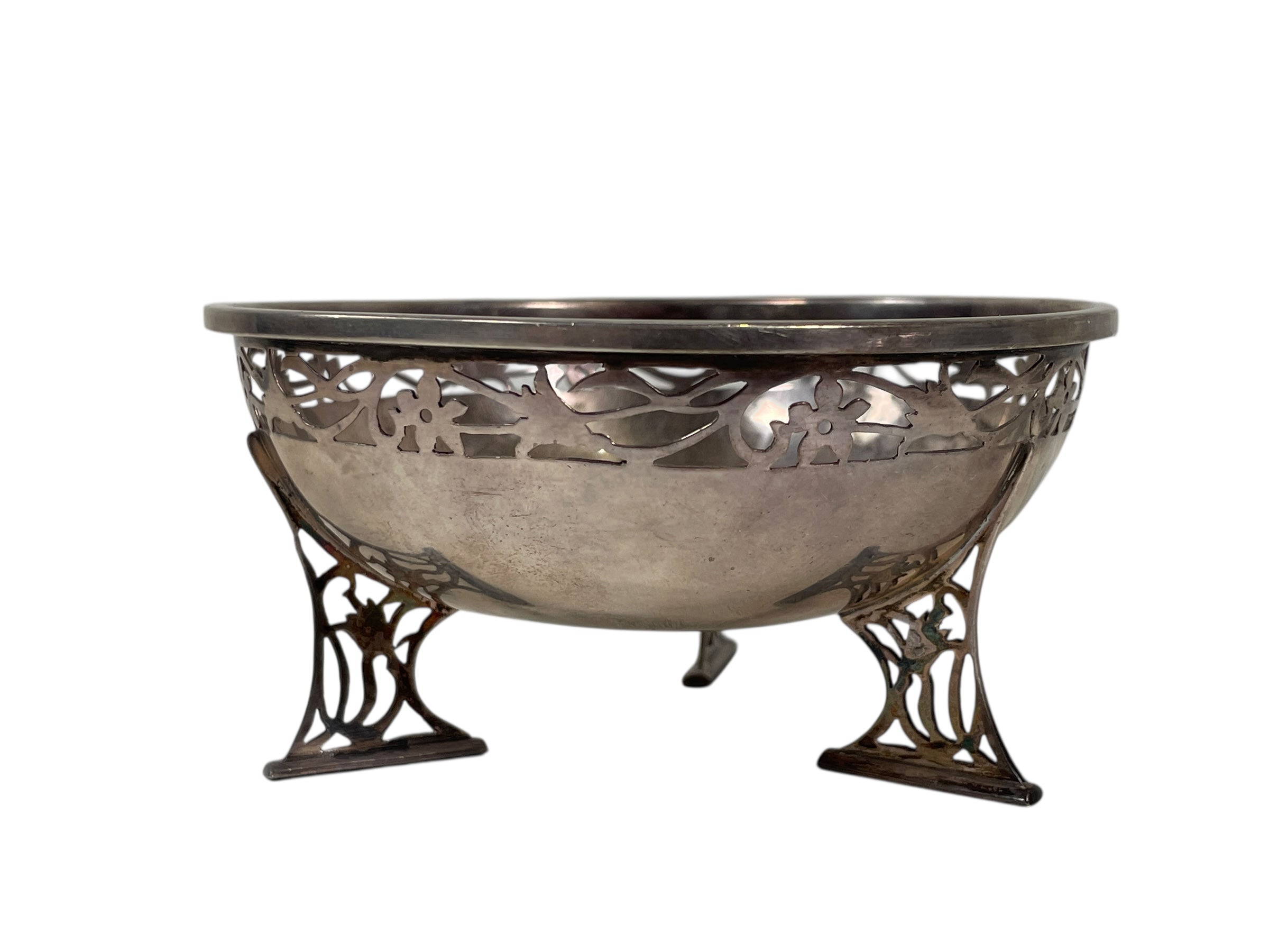 Antique 1914 L&S Sterling Silver Bowl – Flower Design, Pierced Buttress Feet, Birmingham Hallmarks
