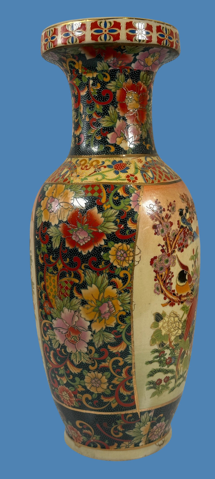 Vintage Japanese Satsuma-Style Floor Vase – Hand-Painted Birds & Florals – 20th Century