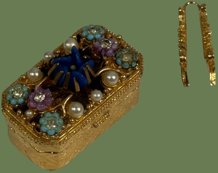 Vintage Florenza Ornate Gold-Tone Pill / Trinket Box – Blue Cabochon, Faux Pearls & Enamel Flowers – 1960s