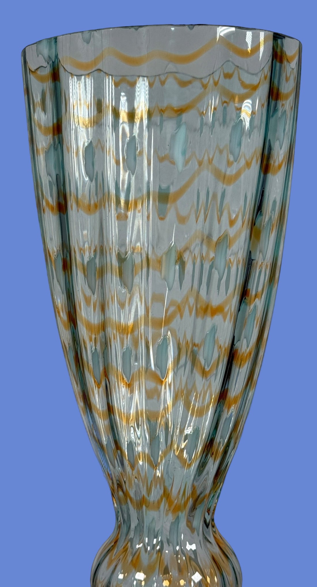Large 15.5” Murano-Style Art Glass Vase – Gold & Enamel Optic Ribbed – Handblown Studio Glass