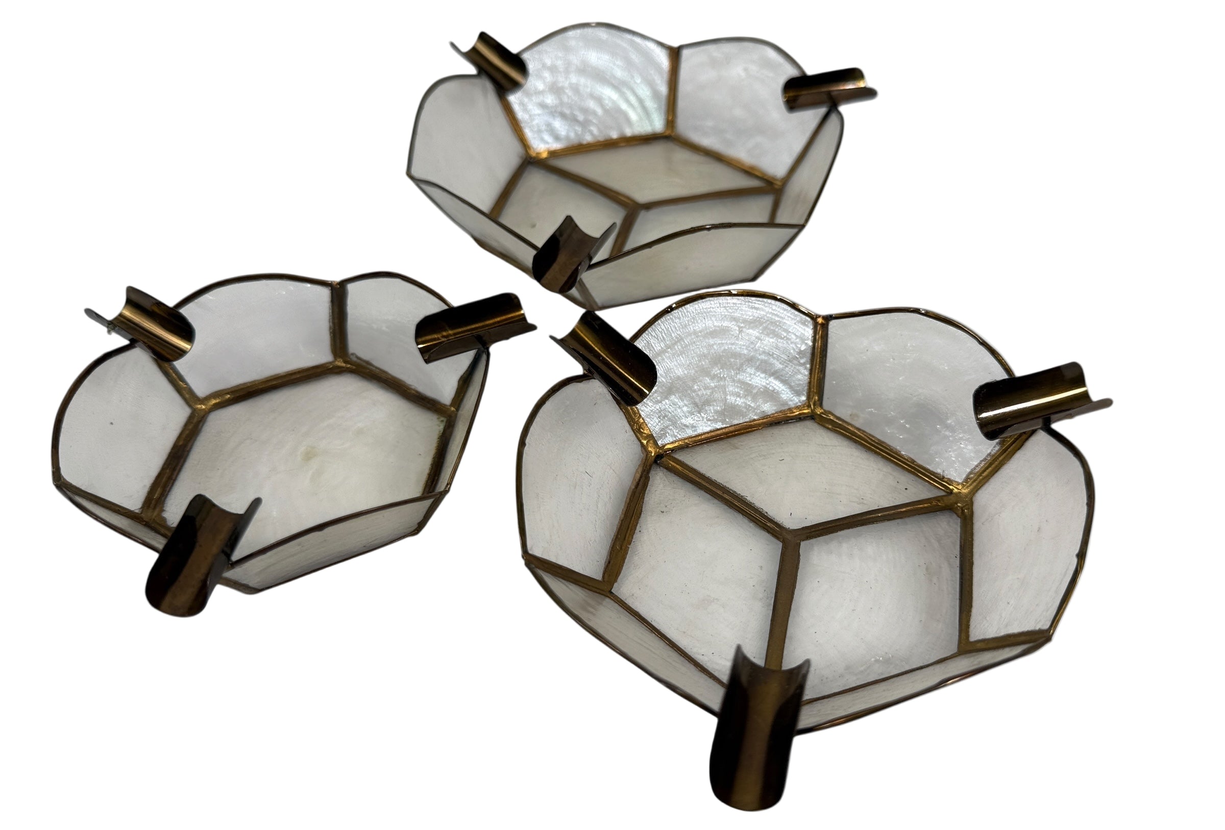 Vintage Capiz Shell & Brass Ashtrays – Set of 3 – Mid-Century Modern