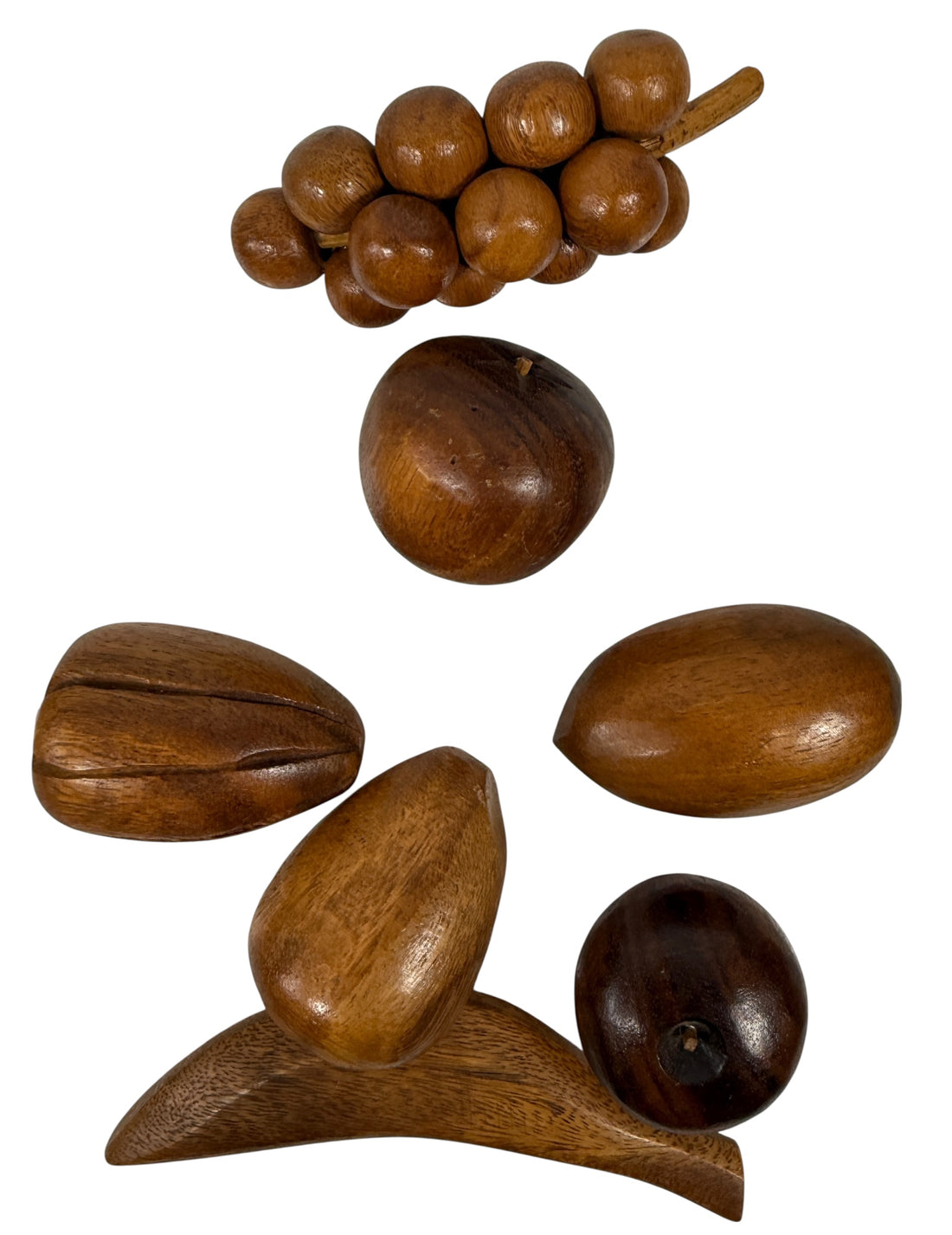 Plateau vintage en bois Monkey Pod avec 7 fruits sculptés à la main – 29,2 cm, décor hawaïen du milieu du siècle