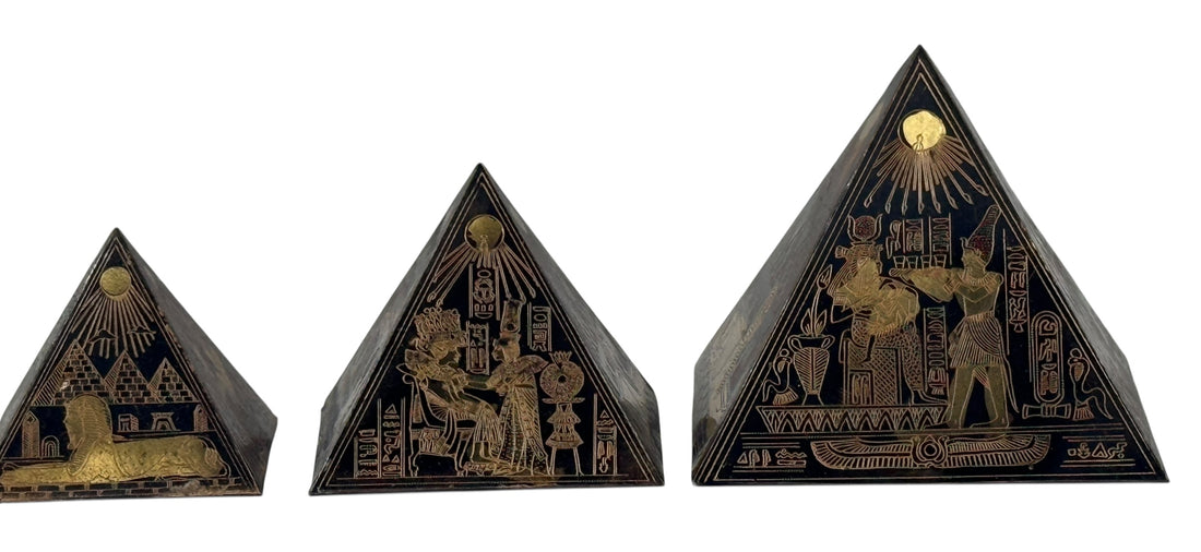 Set of 3 Etched Egyptian Pyramids Ornament Metal Desk decor Vintage