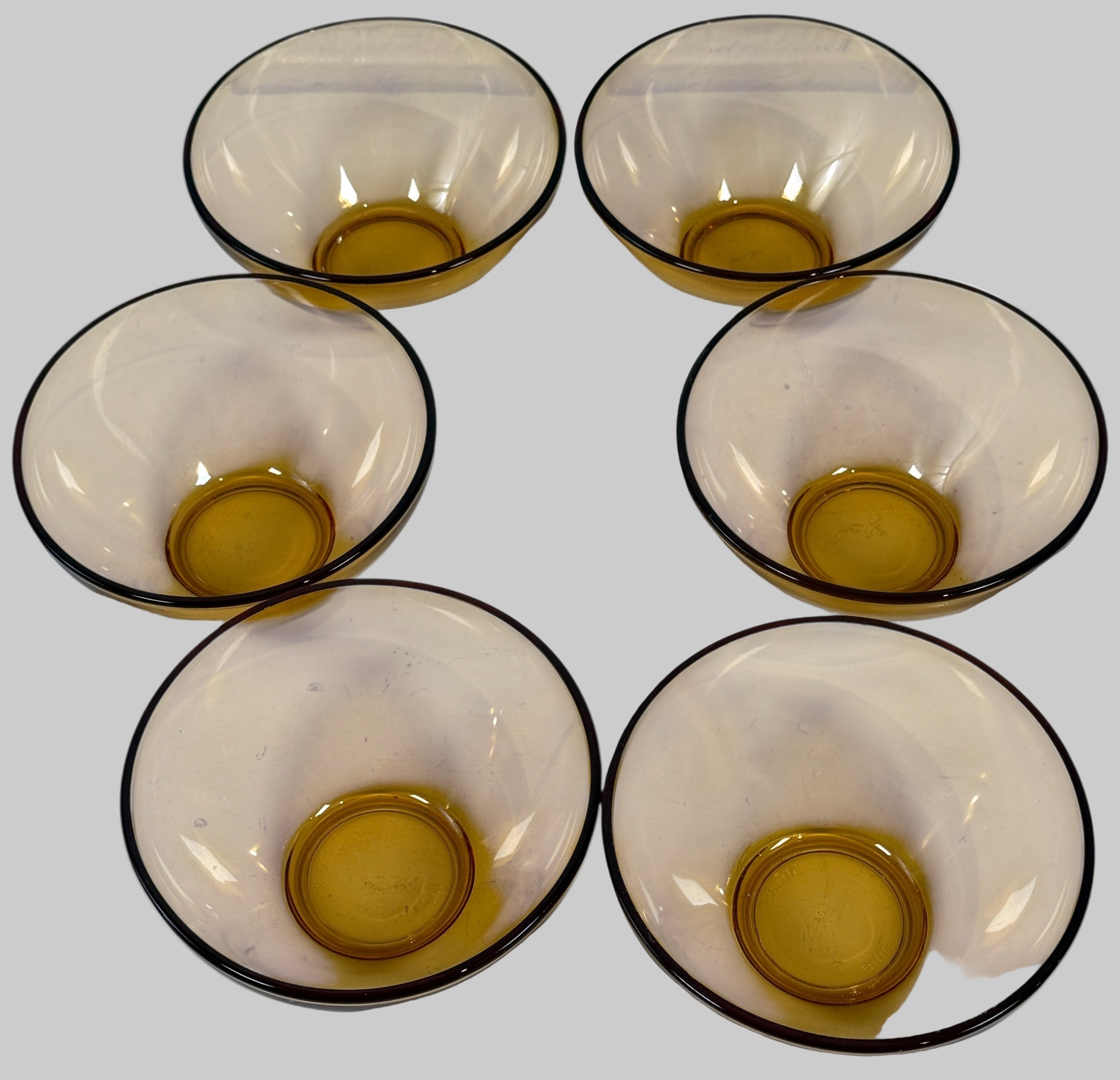 Vintage Vereco France Amber Glass Salad/Dessert Set – 1 Large + 6 Small Bowls, MCM