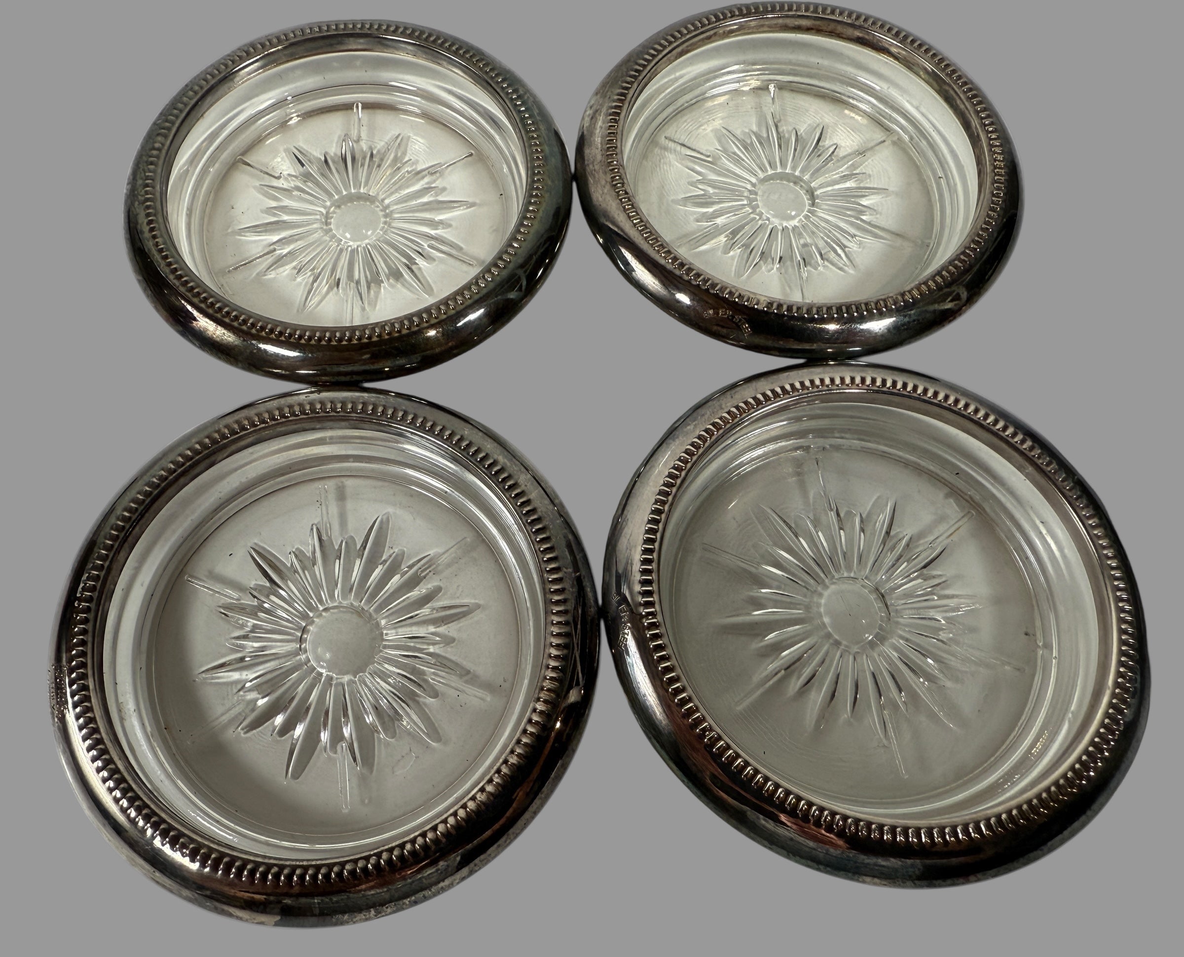 4 Vintage Leonard Old Crystal Glass Drink Coasters Made In Italy Silver Plated