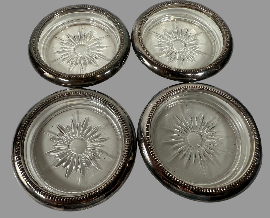 4 Vintage Leonard Old Crystal Glass Drink Coasters Made In Italy Silver Plated