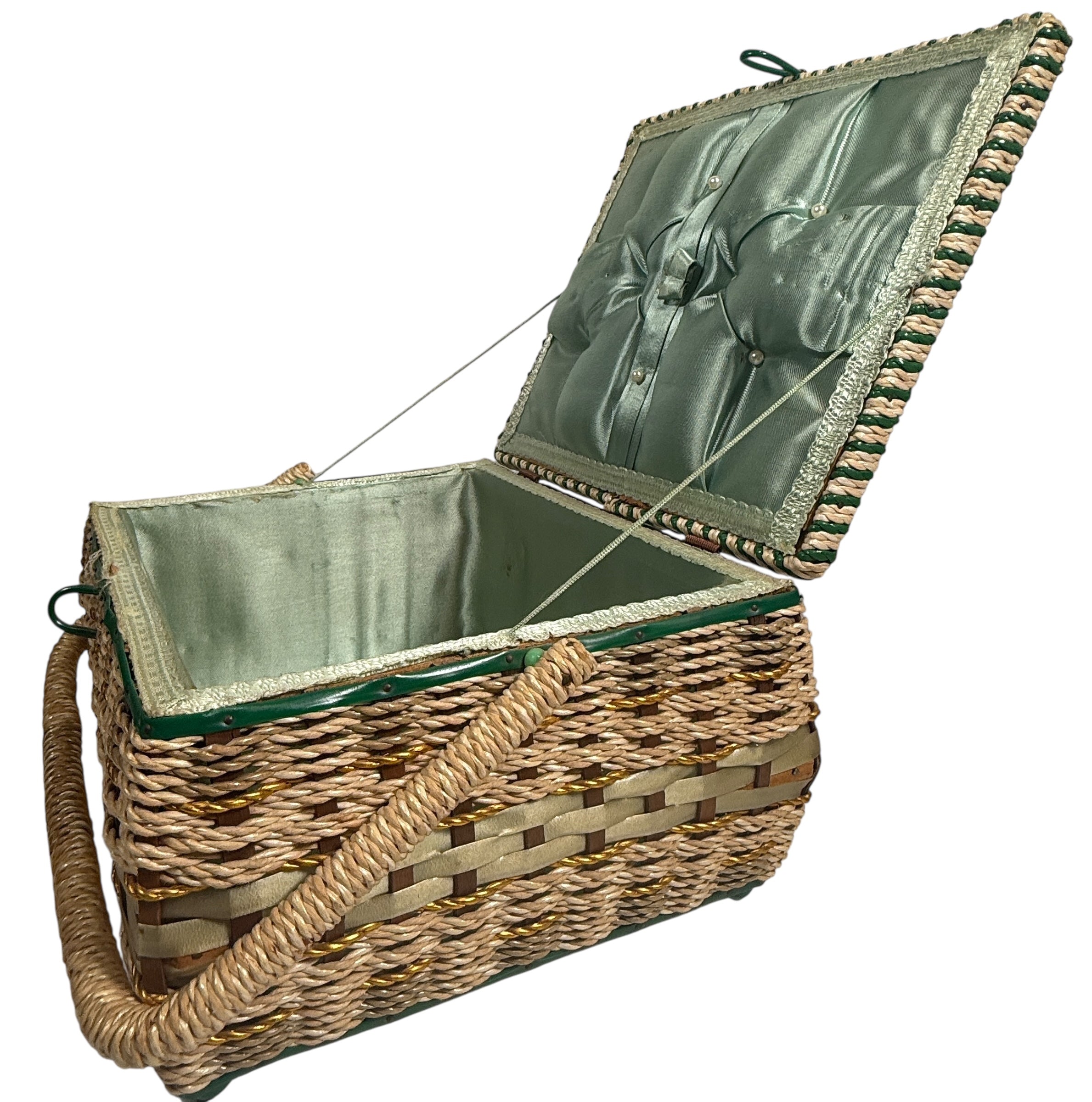 Vintage Mid-Century Woven Sewing Basket – Green Satin Lined Lid with Tufted Buttons