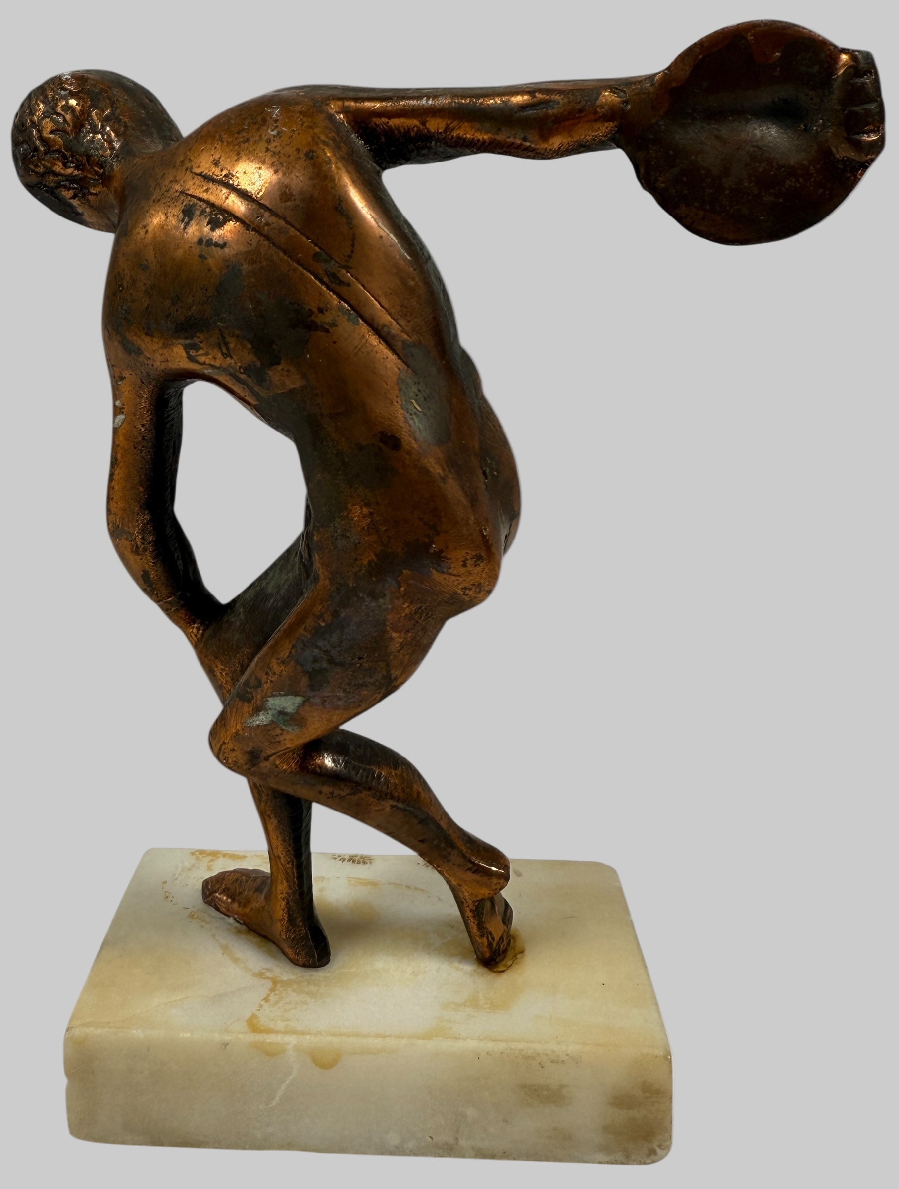 Statue de lanceur de disque grec vintage – Finition bronze sur marbre – (années 1950-1970)