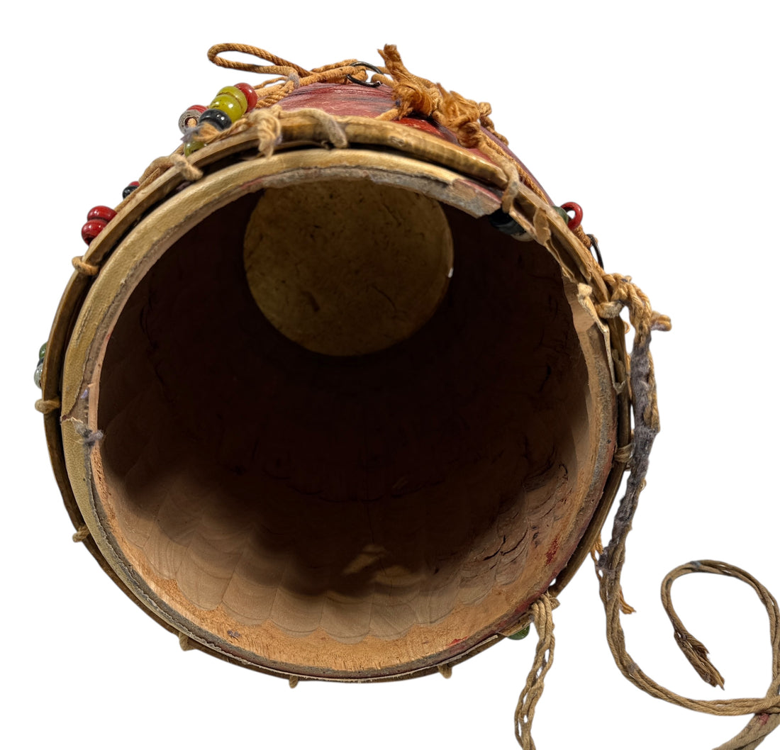 Vintage Handmade Indian Dholak Barrel Drum – Red Lacquer Finish, Rope-Tuned