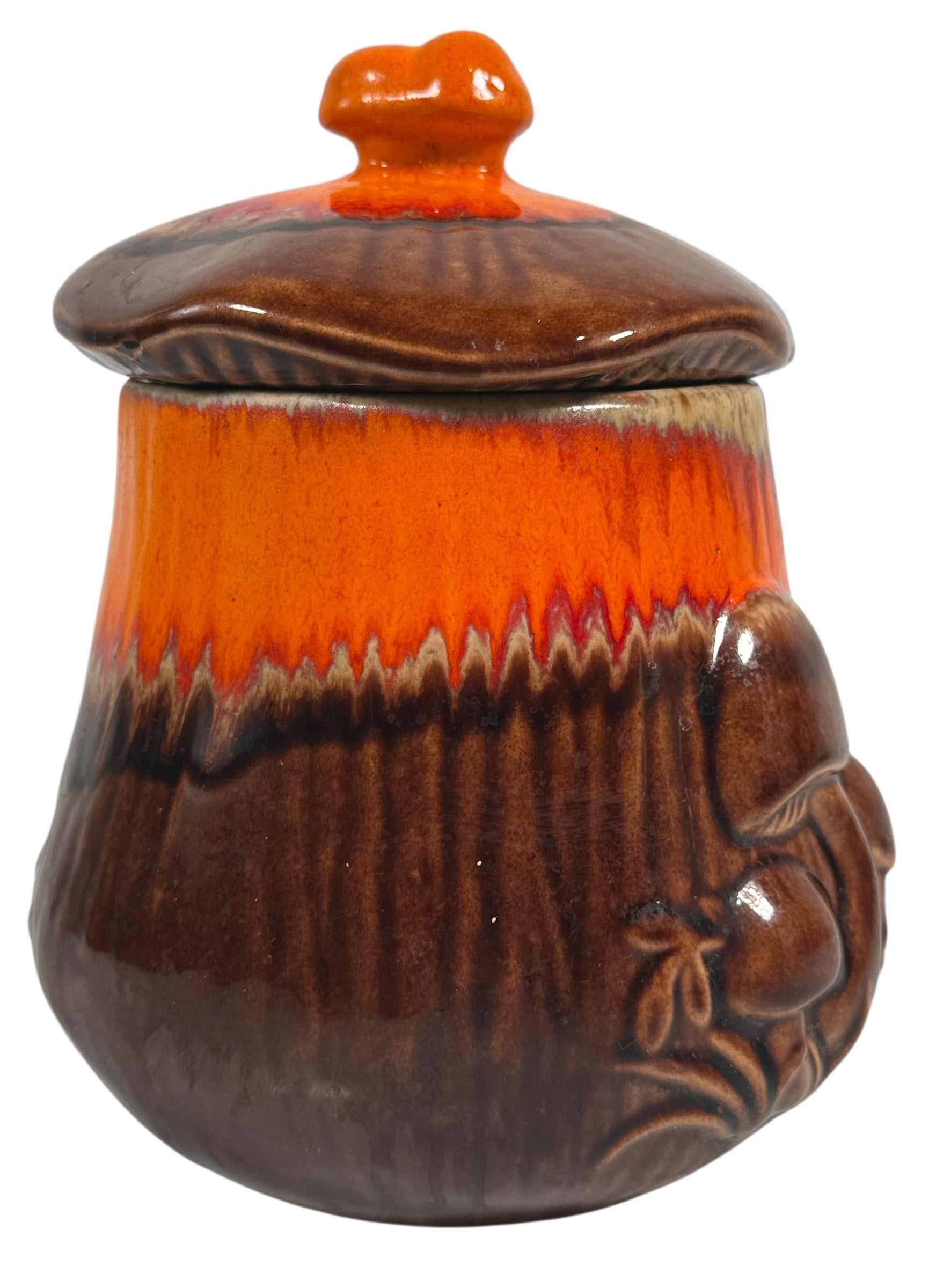 Vintage 1970s Mushroom Canister – 8½” Ceramic Jar – Retro Orange & Brown Drip Glaze