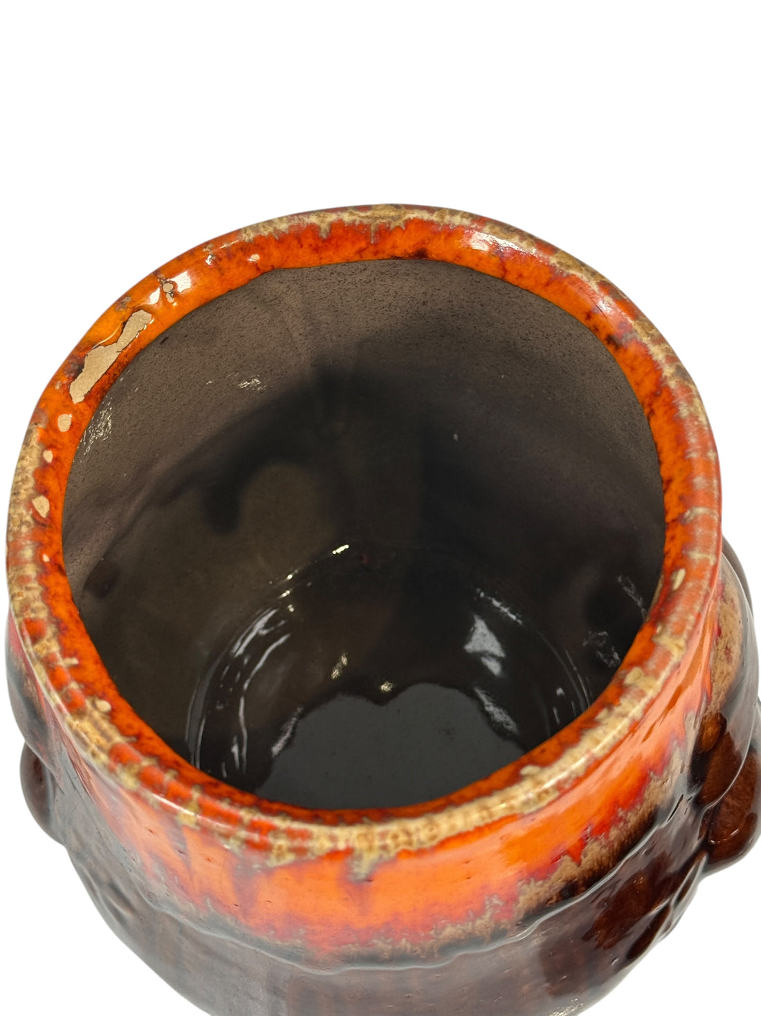 Pot à champignons vintage des années 1970 – Pot en céramique de 24 cm – Glaçure orange et marron effet lave