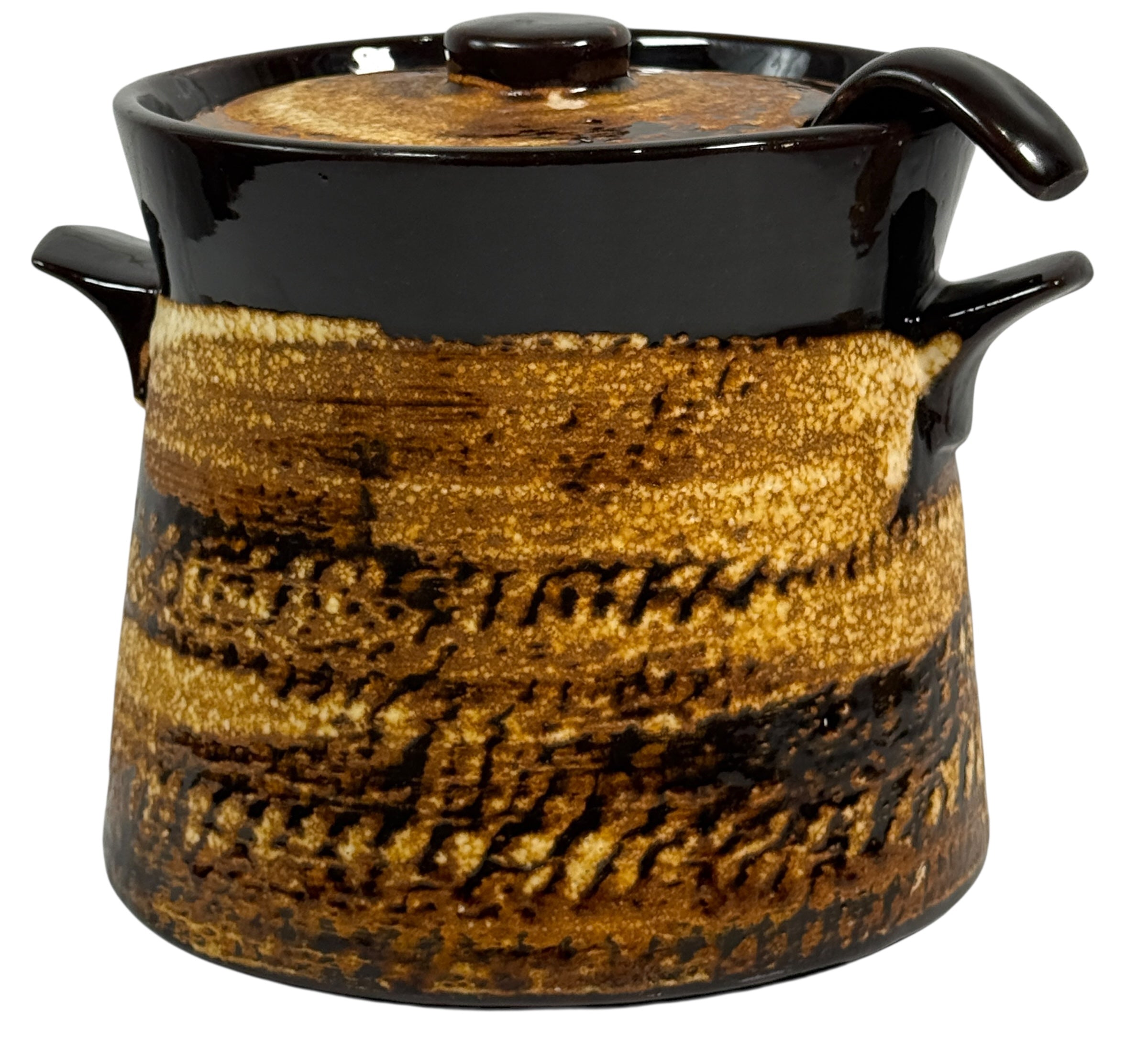 Artisan Pottery Bean Pot with Lid – Canadian Stoneware, Brown Drip Glaze, Marked 8630