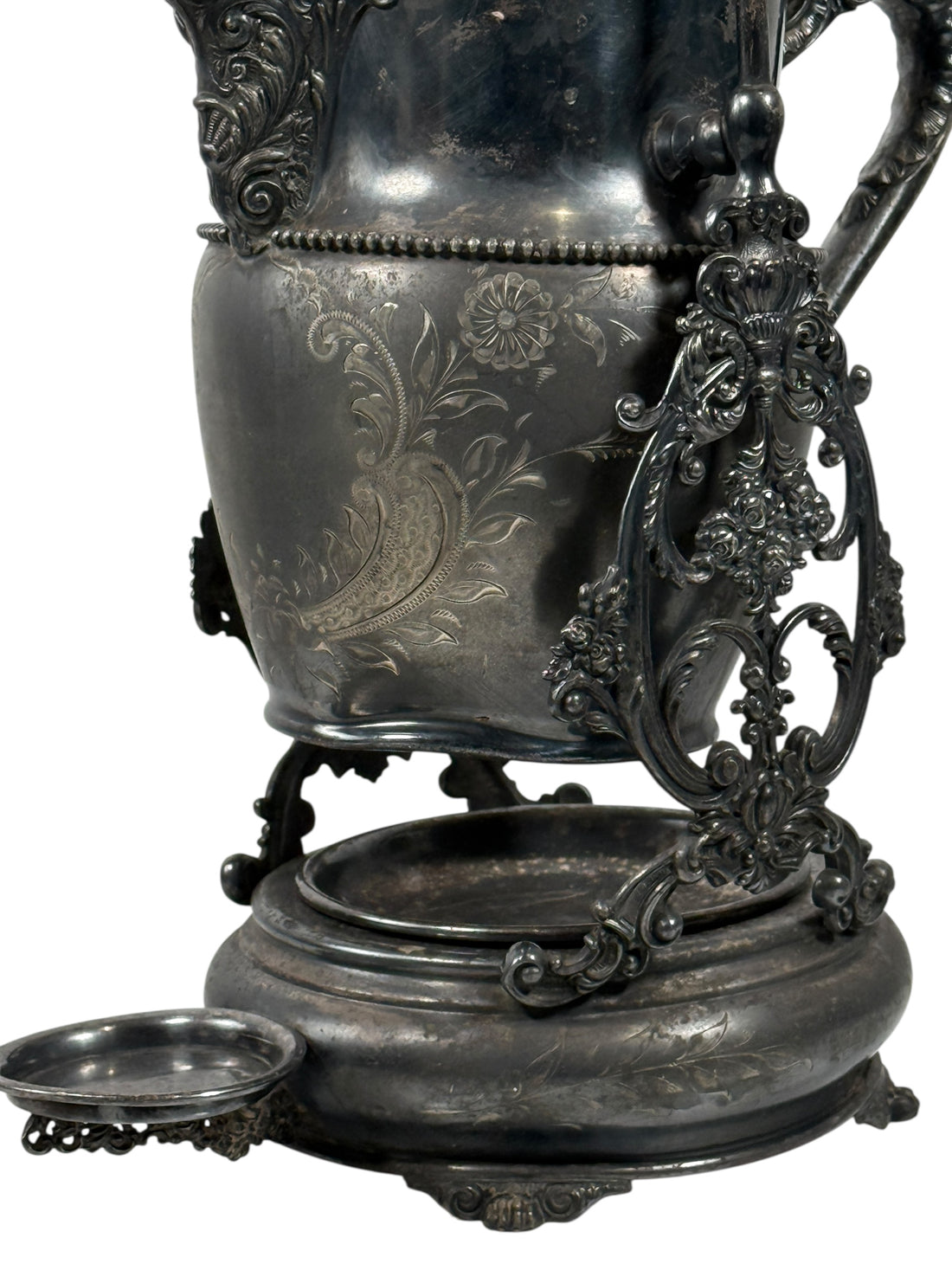 Bouilloire inclinable victorienne en métal argenté sur pied – Gravure florale, Toronto, Canada